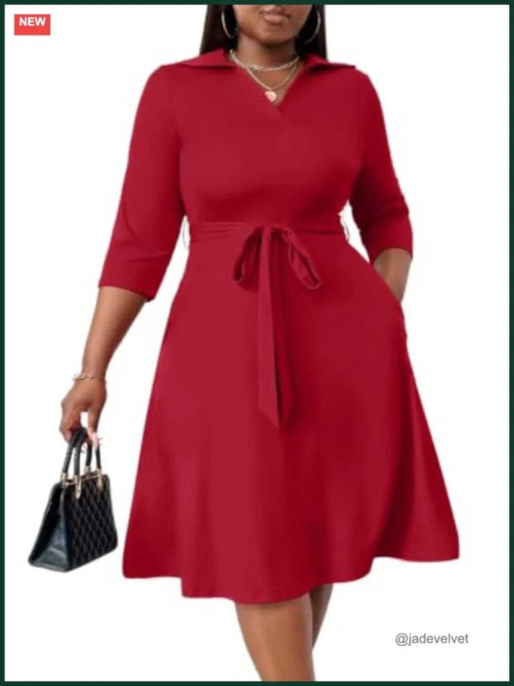 Plus Size A-Line Midi Dress with Pockets and Belt, 3/4 Flutter Sleeve